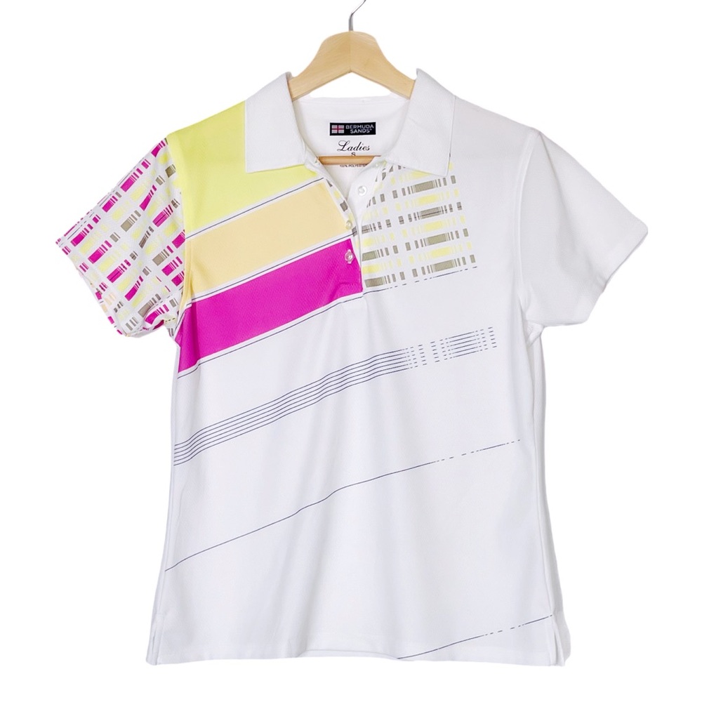 Bermuda Sands Women's Golf Polo White Pink Yellow Geometric Print Size Small